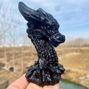 Quartz obsidienne naturelle de 3,9 pouces, dragon sculpté à la main, crâne de dragon en cristal d'obsidienne, décoration de la maison, cadeaux en cristal
