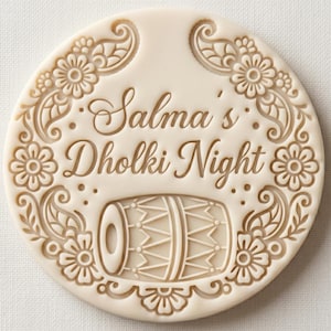 Personlig stämpel och utstickare för Dholki Night-kaka med blommigt paisleymotiv | Anpassad namn-Mehndi-fondantpräglare | Sydasiatiskt bröllop, passar M&S