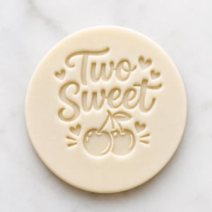 Può includere: Un timbro rotondo per biscotti, bianco sporco, con la scritta "Two Sweet" in corsivo. Il design include due ciliegie con foglie e piccoli cuori. Ideale per cuocere e creare biscotti decorativi.