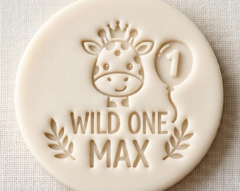 Gepersonaliseerde Wild One Giraffe Biscuit-glazuurstempel en -snijderset | Aangepaste naam eerste verjaardag fondant reliëf | Safari-koekjesstempel