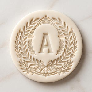 May include: A circular off-white biscuit stamp featuring a central capital letter A. The letter is surrounded by an intricate embossed laurel wreath design with symmetrical leaf patterns and decorative scrollwork elements along the outer border.
