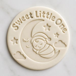 Może przedstawiać: Okrągła, kremowa foremka do ciastek z wytłoczonym napisem "Sweet Little One" na krawędzi. Projekt przedstawia śpiące dziecko na księżycu w kształcie półksiężyca, z gwiazdami i chmurami.
