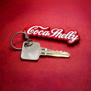 Llavero personalizado con nombre y brillantina, fuente retro de cola, dije para bolso personalizado
