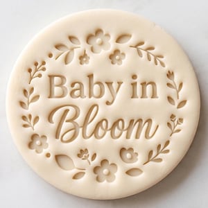 Może przedstawiać: Okrągły, kremowobiały krążek z ciastka lub masy cukrowej z wytłoczonym napisem "Baby in Bloom" na środku. Napis otoczony jest ozdobną bordiurą z różnymi małymi kwiatami, liśćmi i gałązkami, które zostały odciśnięte w powierzchni krążka.