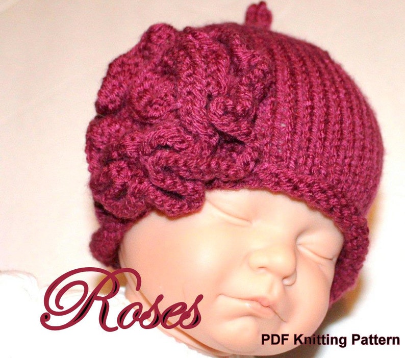 PATTERN Roses Size 0 to 3 Months Baby Hat Knitting Pattern with Rose image 3