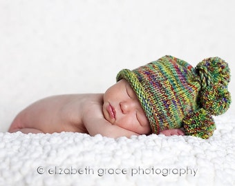 Knitting Pattern Baby Hat Size 0 to 3 Months In The ROUND or In ROWS With Pompoms Suitable For Beginner