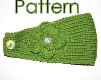 May include: Green knitted headband with a large green flower and a button. The headband has the word "Pattern" written above it.