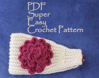 PATTERN - Super Easy Crochet Headband With Flower PDF Worsted Weight