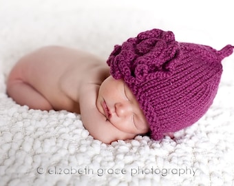 PATTERN - Roses Size 0 to 3 Months Baby Hat Knitting Pattern with Rose