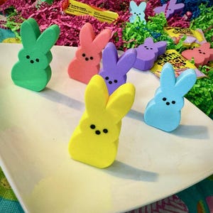 May include: Five pastel-colored bunny-shaped marshmallow candies on a white plate. The bunnies are green, pink, purple, blue, and yellow.