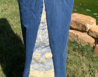 Anthropology Inspired, wide leg, chinoiserie, romantic, comfortable, business casual, jeans, cherubs, angels, urns, florals, indigo, pockets