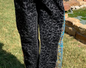 Leopard print Express jean.African print flare long leg.Colorful, punk, goth, boho, hippie,  fun, party, evening, rhinestones. low rise fit.