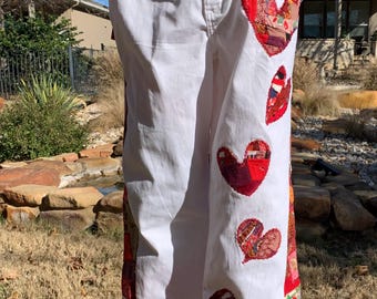 Valentine Hearts on White Jeans Women's size 16 medium quilted patchwork applique with machine embroidery 11 hearts total