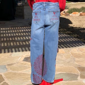 Mandala hearts jeans, size 12, 31"inseam Anthropologie Inspired, flare, boho hippie, hand painted red mandala and hearts, roses and Love image 4