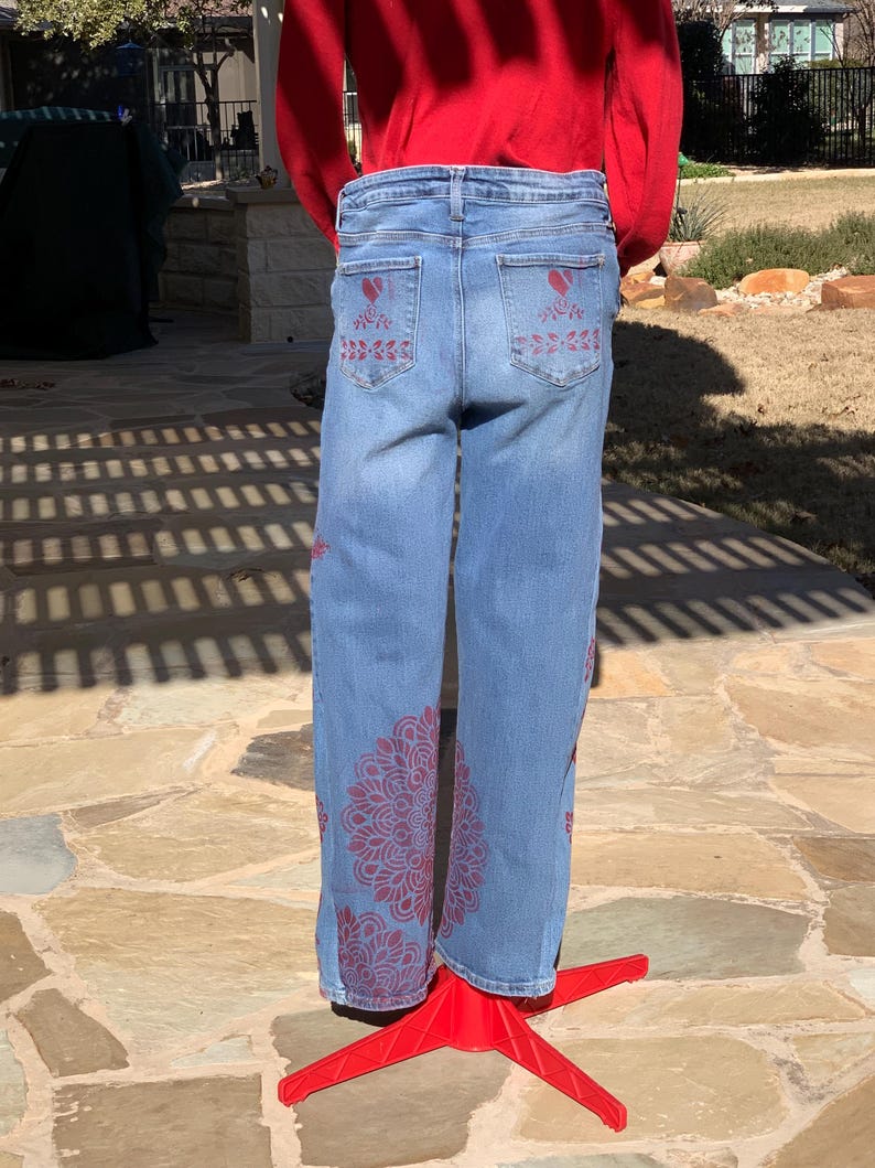 Mandala hearts jeans, size 12, 31"inseam Anthropologie Inspired, flare, boho hippie, hand painted red mandala and hearts, roses and Love image 4