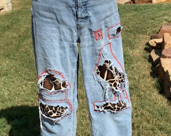 Giraffe style animal print, red,  patched, distressed, hippie, boho, long length, extra deep pockets,  boyfriend, full rise, comfortable,