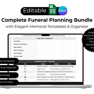 May include: A laptop screen displays a funeral planning bundle with templates and an organizer. The screen shows a spreadsheet with fields for loved one's information and a planner overview. Includes Canva templates, instant download, and video tutorial.