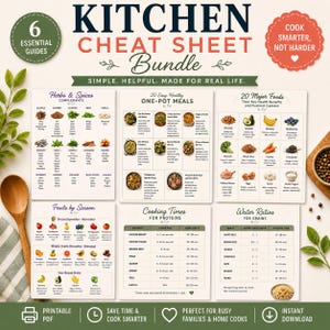 May include: A kitchen cheat sheet bundle with six essential guides, including herbs & spices, one-pot meals, and major foods. The bundle also includes cooking times for proteins and water ratios for grains. The text says "Cook Smarter, Not Harder."