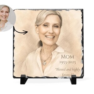 Personalisierter Verlust von Mutter Schiefer Schreibtisch Plaque, Naturstein Fotorahmen mit Ständer, In liebevoller Erinnerung Bleistift Skizze Erinnerung Andenken