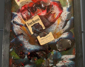 Four Roses Broken Bottle Art Framed Wall Art Decor Epoxy/Resin
