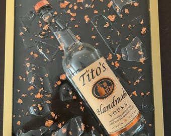 Titos Vodka Broken Bottle Art Framed Wall Art Decor Epoxy/Resin