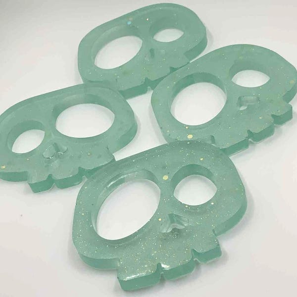 Mint Green Glitter Skull Coasters: Gothic Halloween Decor - Set of 4