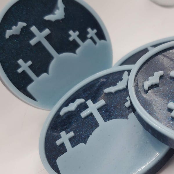 Blue Graveyard Resin Coasters: Gothic Halloween Decor, Set of 4