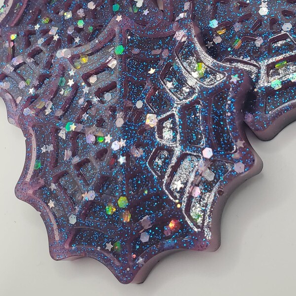 Purple Glitter Spiderweb Coasters: Spooky Gothic Home Decor, Set of 4