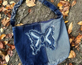 Handmade Large Denim Bag, Shoulder and Crossbody Bag, Butterfly Patchwork Denim Tote Bag, Adjustable Braided Strap, Jean Hobo Shoulder Purse