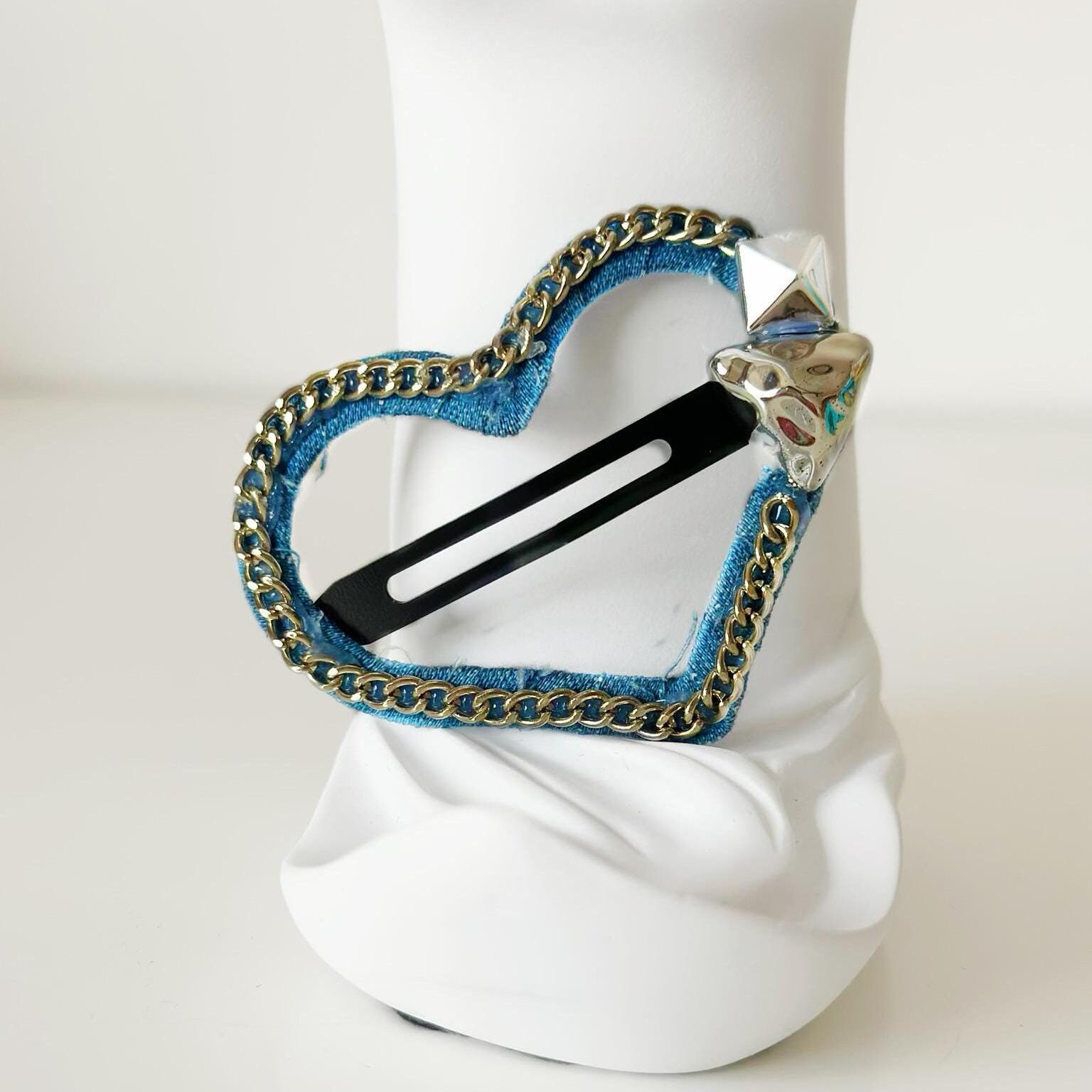 Blue Rhinestone Heart Hair Accessory Chiffon Bow Hair Clip with Rhinestone Heart Charm Stylish  main image 2