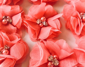 Chiffon Coral Flower Embellishments Floral Wedding Appliqué Rhinestone Pearl Center Small Fabric Flower Craft. Flower Making Headband