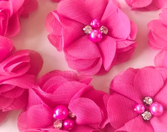 Chiffon Hot Pink Flower Embellishments Floral Wedding Appliqué Rhinestone Pearl Center Small Fabric Flower Craft. Flower Making Headband