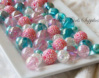 Pink and Blue Bubblegum Bead Mix.. 20mm 16mm and 12mm mixed sizes... Big Chunky Beads Wholesale.. Baby Shower Beads. Craft.. Aqua Turquoise