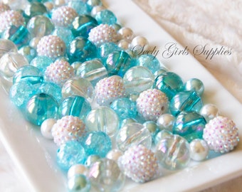 Blue Ice Frozen Bubblegum Bead Mix.. 20mm 16mm and 12mm mixed sizes... Big Chunky Beads Wholesale.. Winter Beads. Kid Craft.. Aqua Turquoise