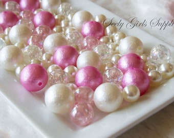 Rosy Pink Bubblegum Beads.. Mauve Cream Ivory Bead Mix.. 20mm 16mm and 12mm mixed sizes... Big Chunky Beads.. Wedding Beads. Craft Kit..