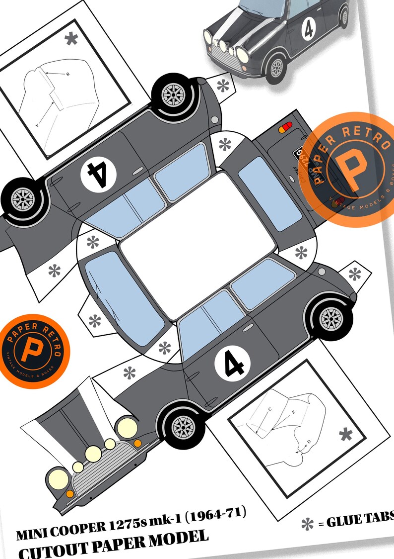 Mini Copper Template MINI Cooper Rally Car Paper Model Kit B – Classic Car Printable (x3 A4 ...