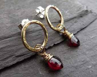 Gold and garnet ear studs | textured brass rings circles | wrapped red garnet drops | silver fittings | January birthday | birthstone | uk