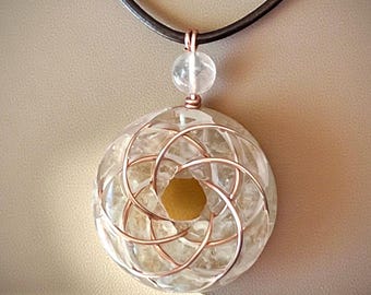 Torus Libyan Desert Glass and Rock Quartz Necklace. Copper Rodin Coil wrapping.