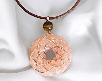 Rose Quartz Torus Necklace: Copper Rodin Coil, Tiger's Eye, Leather Cord