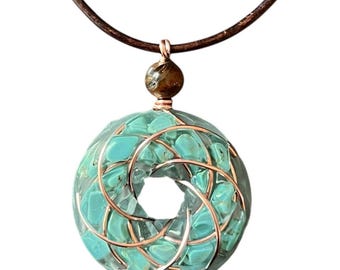 Torus Howlite Turquoise Necklace with Copper Rodin Coil (Vortex pendant) with Leather Cord