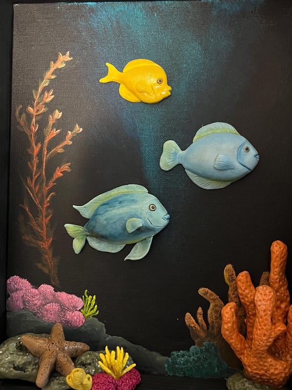 3D魚とサンゴの壁アート：ポリマークレイ彫刻、アクリル絵画 - Etsy 日本