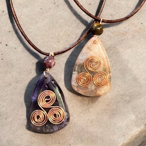 Handmade Orgonite Necklace: Copper Triskelion, Rose Quartz or Amethyst, Leather Cord