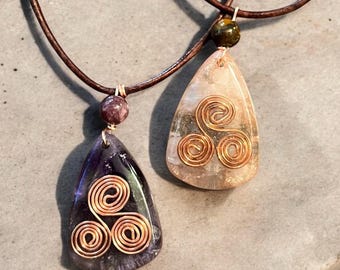 Handmade Orgonite Necklace: Copper Triskelion, Rose Quartz or Amethyst, Leather Cord