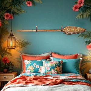 Op de afbeelding: Een slaapkamer met een tropisch thema met een gesneden houten peddel die aan de muur hangt. De kamer heeft een teal blauwe muur met een tropische muurschildering, een bed met oranje en teal beddengoed en twee nachtkastjes met lampen.
