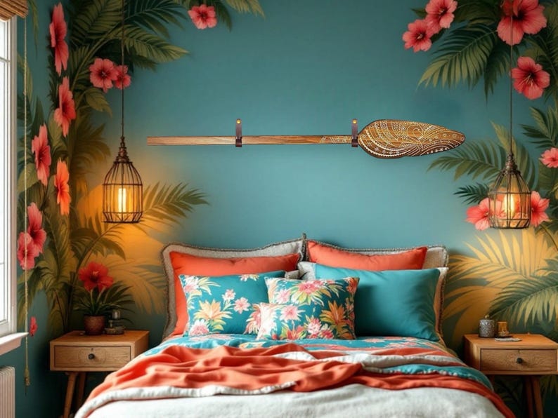 Op de afbeelding: Een slaapkamer met een tropisch thema met een gesneden houten peddel die aan de muur hangt. De kamer heeft een teal blauwe muur met een tropische muurschildering, een bed met oranje en teal beddengoed en twee nachtkastjes met lampen.