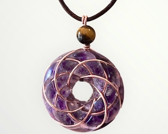 Torus Amethyst / purple Necklace with Pure Copper Rodin Coil (Vortex pendant) with Leather Cord / Pure quartz stones and Tiger's Eye
