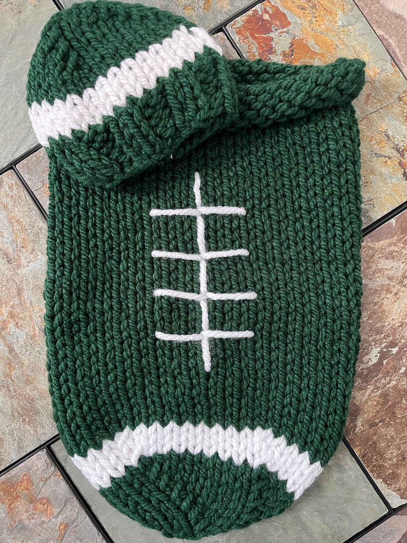 Football Cocoon The Original Knit version and 0-6 month hat dark green/white Jets, Michigan State, Pendleton inspired ready to ship image 1