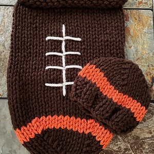 Football Cocoon The Original Knit version and 0-6 month hat brown/orange Bengals enspired ready to ship image 3