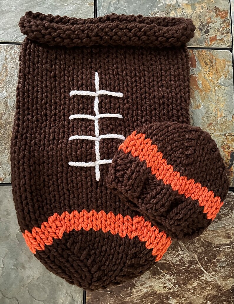 Football Cocoon The Original Knit version and 0-6 month hat brown/orange Bengals enspired ready to ship image 3
