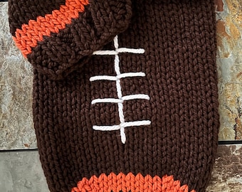 Football Cocoon (The Original Knit version) and 0-6 month hat brown/orange (Bengals enspired) - ready to ship